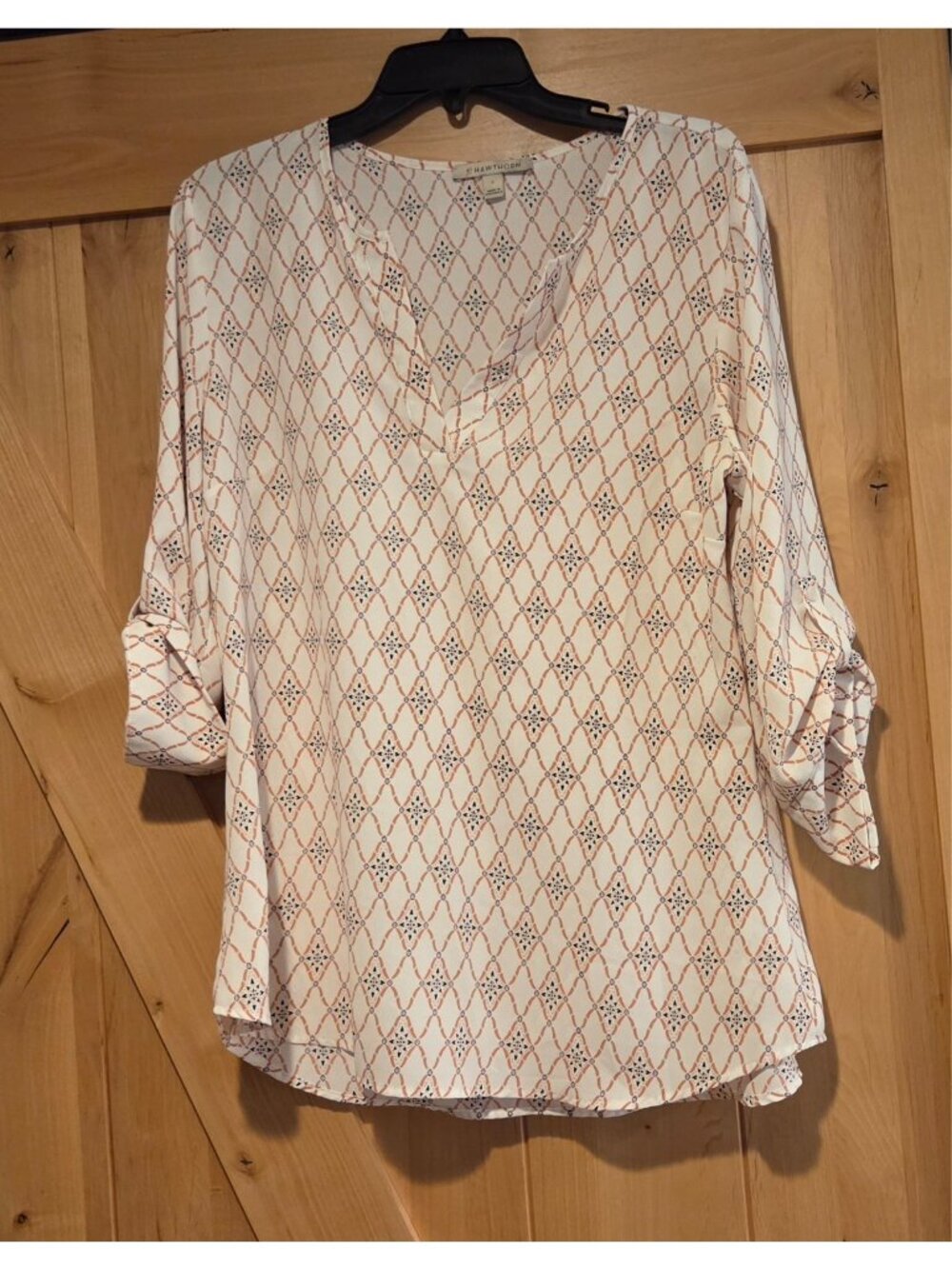 41 Hawthorn Blouse Women Sz L White Geometric Roll Tab 3/4 Sleeve Tunic Top